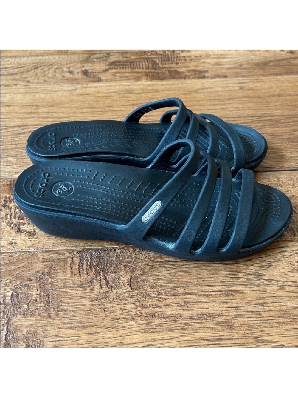 Crocs Rhonda Wedge Strappy Slide Sandals Comfort Shoes Black Womens Size 7